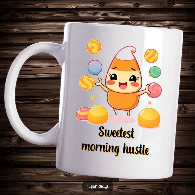 Funny Mug: A beaming candy corn character energetically juggling colorful gumdrops, radiating playful energy and holiday cheer.