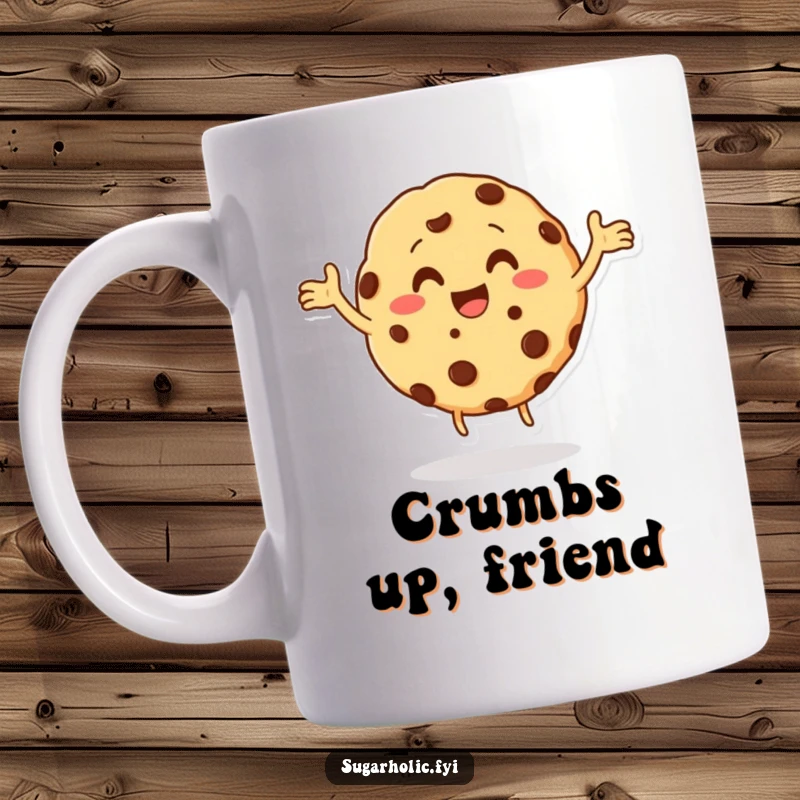 Funny cookie character with chocolate chips doing a jubilant happy dance on a mug, a sweet and humorous design, perfect for a funny gift.