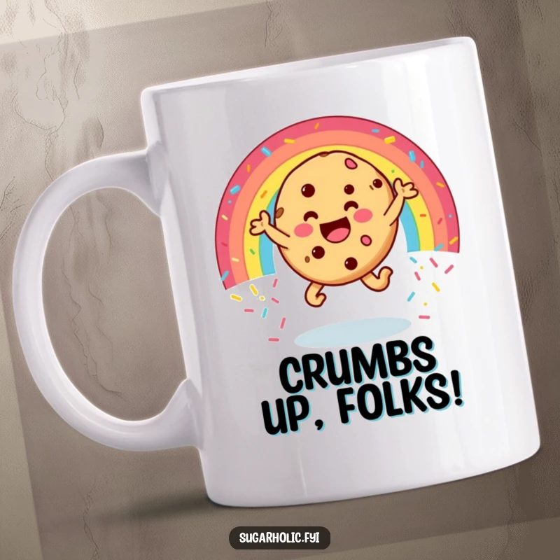 Funny cookie mug featuring a happy character leaping through a vibrant rainbow of sprinkles, celebrating sweet moments with a hilarious touch.