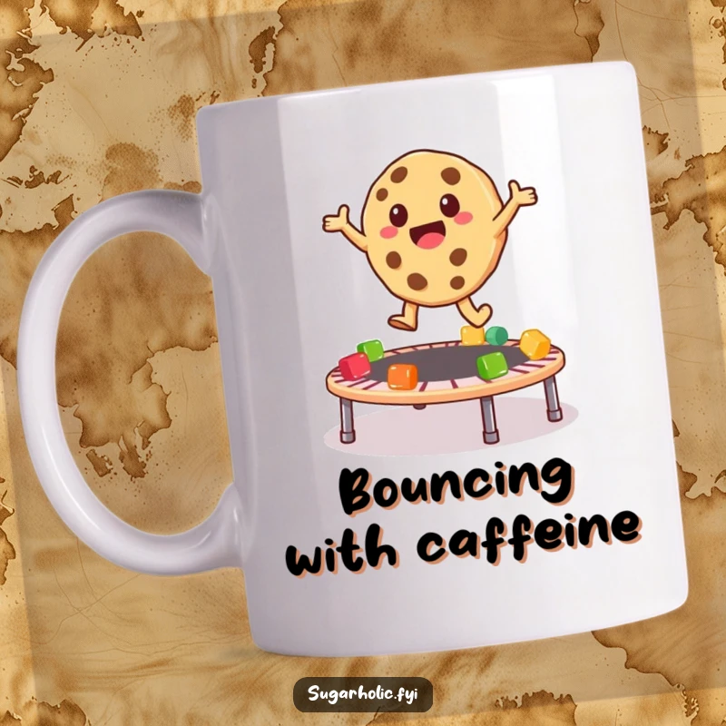 Funny Mug depicting a playful cookie character joyfully bouncing high on a colorful trampoline made of bouncy gummy bears.