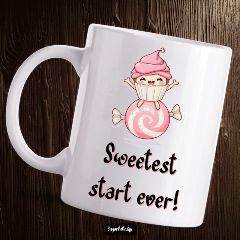Funny smiling cupcake character joyfully bouncing on a large candy, ceramic mug for sweet humor.
