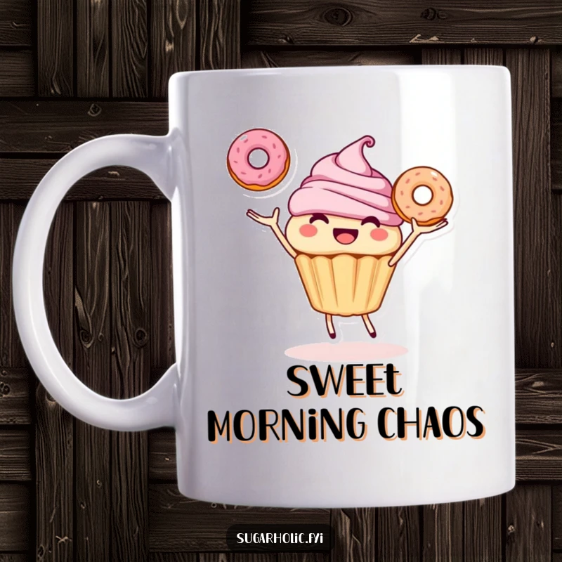Funny mug showcasing a smiling cupcake character joyfully juggling three delicious donuts, radiating sweet and humorous delight.