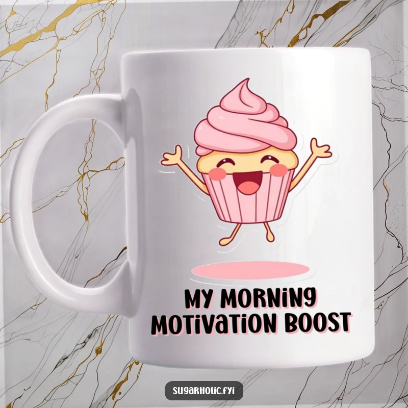 Funny cupcake mug overflowing with ecstatic energy, bouncing joyfully, a delightful and humorous gift for dessert enthusiasts.