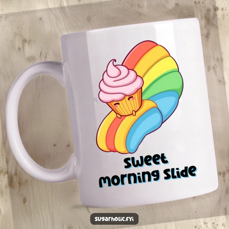 Funny Mug showing a giggling cupcake character sliding gleefully down a vibrant rainbow made entirely of delicious frosting.