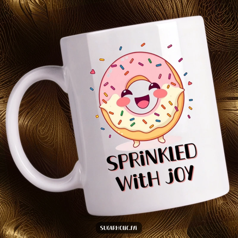 Funny Mug featuring a laughing donut character joyfully juggling colorful sprinkles with a wide grin.