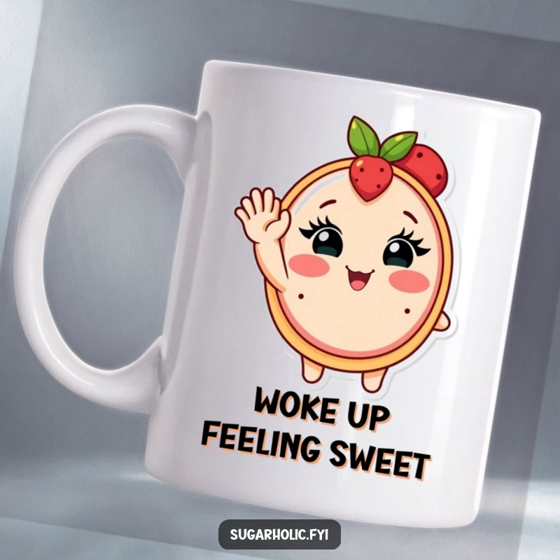 Funny mug featuring a blushing fruit tart with cute eyelashes waving enthusiastically, radiating sweetness and charm.