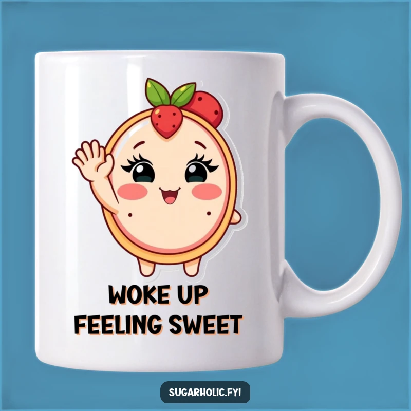 Funny Fruit Tart Mug - Blushing Dessert Character Gift, Waving Sweet Treat Cup