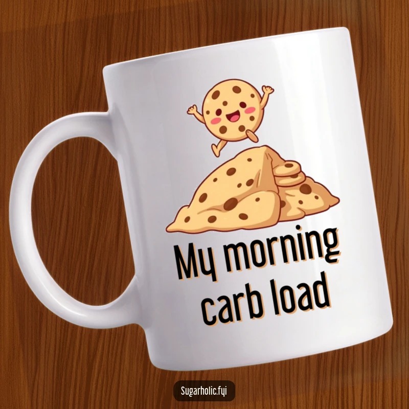 Funny mug with a giggling cookie character mid-air, leaping over a giant stack of delicious cookies in a playful, energetic pose.