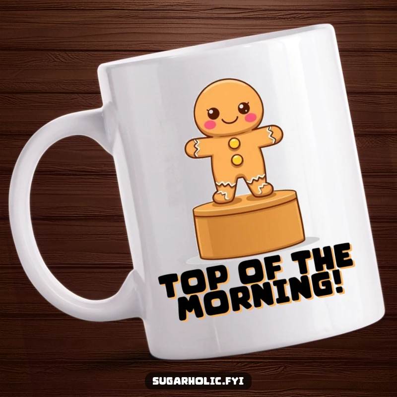 Funny mug featuring a proud gingerbread cookie with button eyes standing victoriously on a podium, celebrating success.