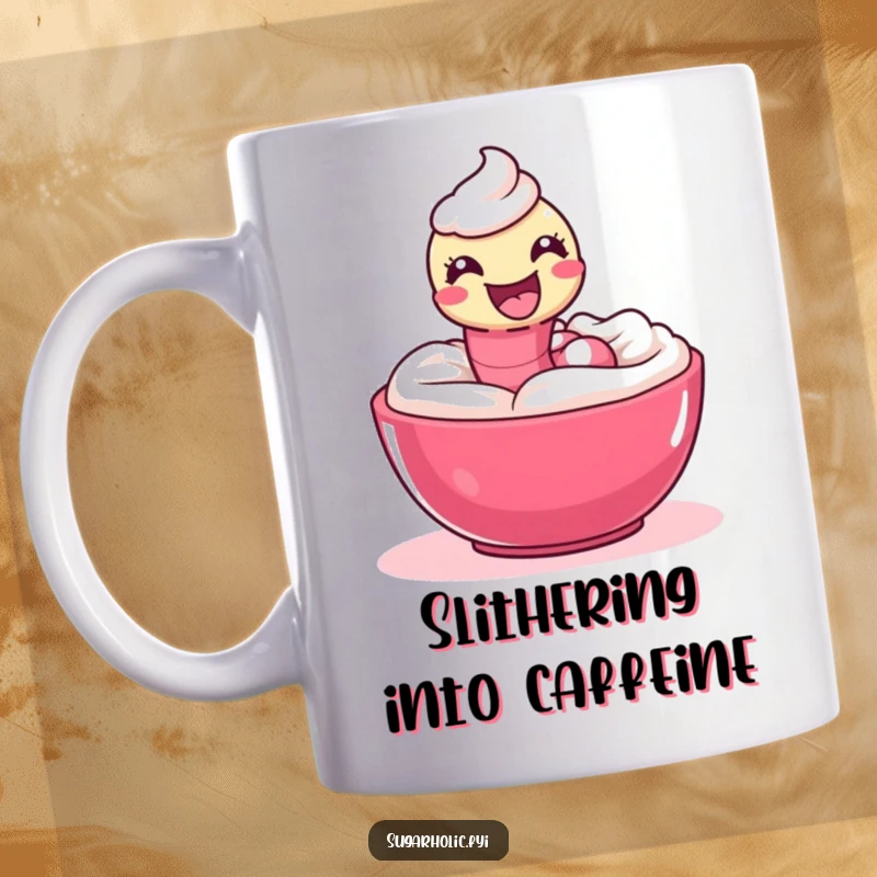 Funny Mug of a delighted gummy worm playfully slithering through a luscious bowl of icing.