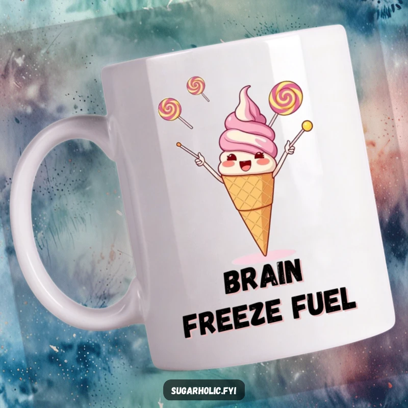 Funny giggling ice cream cone juggling three flying lollipops with its cone, a comical mug.