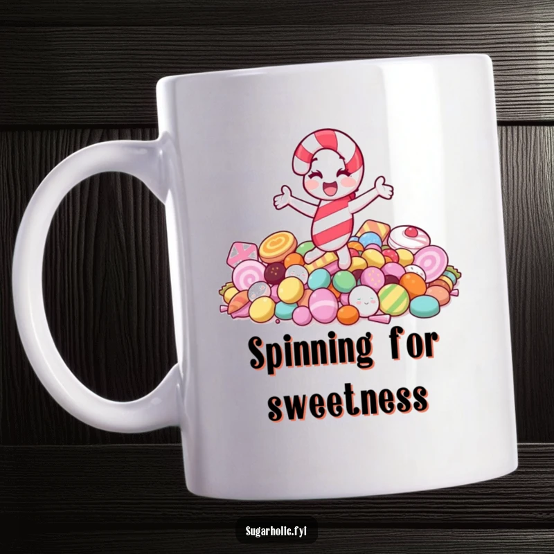 Funny mug with a jolly candy cane character joyfully spinning on a pile of colorful sweets, radiating pure happiness.
