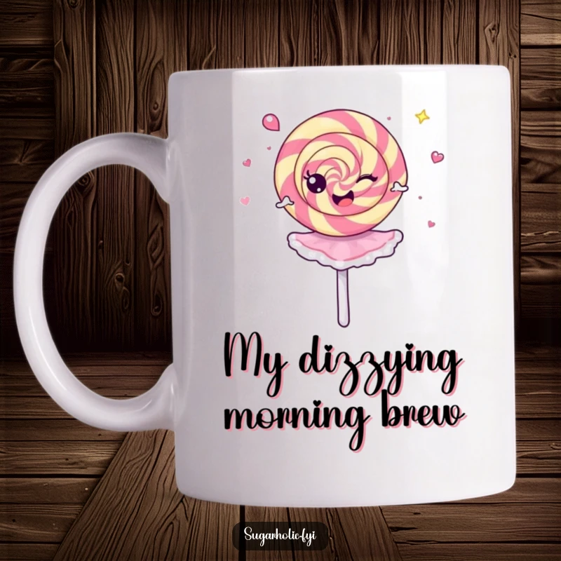 Funny Mug featuring a cheerful lollipop spinning like a dizzy, happy ballerina, showcasing pure delight and playful energy.