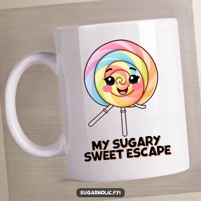 Funny Mug: A smiling lollipop character joyfully spinning with pure delight, radiating happiness and sweetness for all to see.