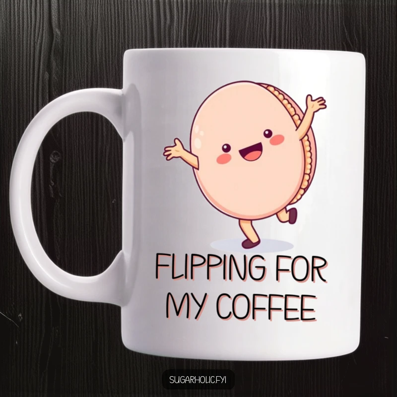 Funny Mug: A cheerful macaron character performing a cartwheel with a wide, happy smile, radiating energetic joy and sweetness.