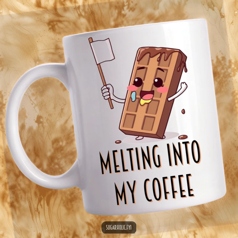 Funny mug with a melting chocolate bar character comically waving a dripping flag, embodying a humorous surrender.
