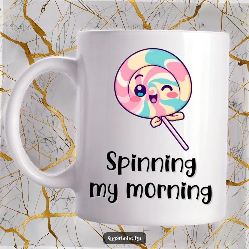 Funny Lollipop Mug featuring a playful lollipop character spinning with pure delight, a sweet and funny gift.