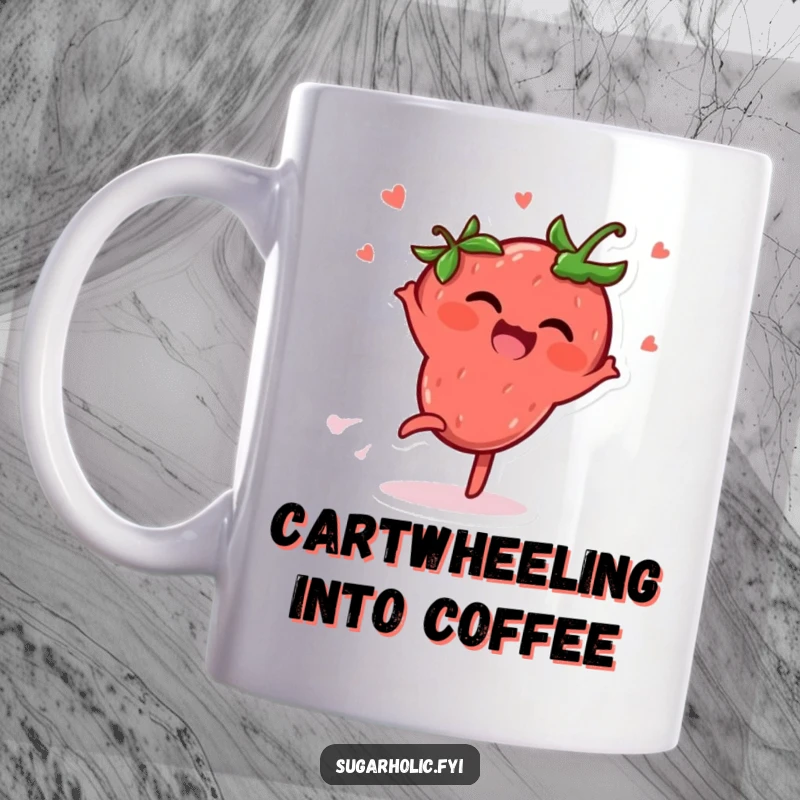 Funny Mug depicting a delighted strawberry character performing a cartwheel with a joyful, giggling expression.