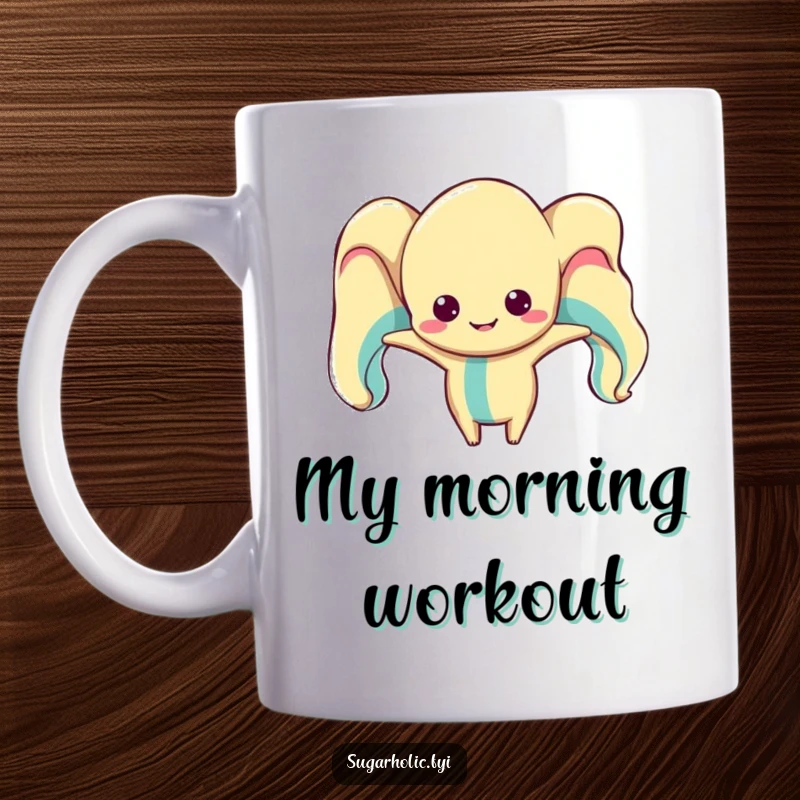 Funny taffy character mug, comically stretching into a distorted shape with a silly expression, perfect for coffee lovers.