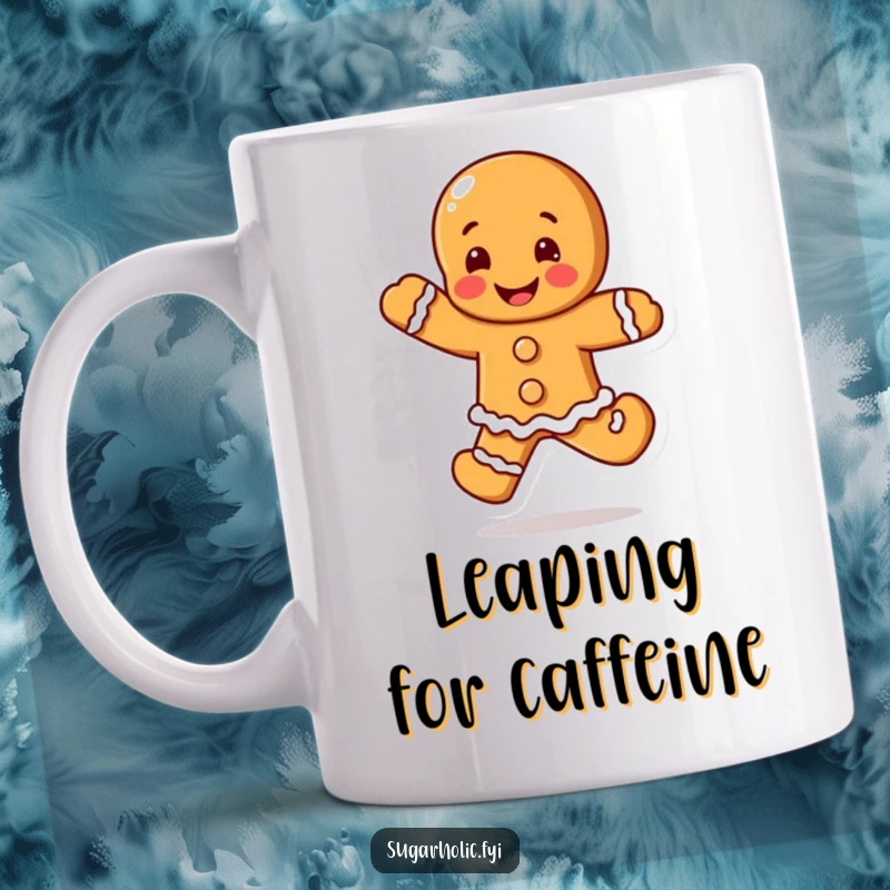 Funny Gingerbread Man Mug showing a blushing character doing a joyful happy leap, a delightful and funny gift.