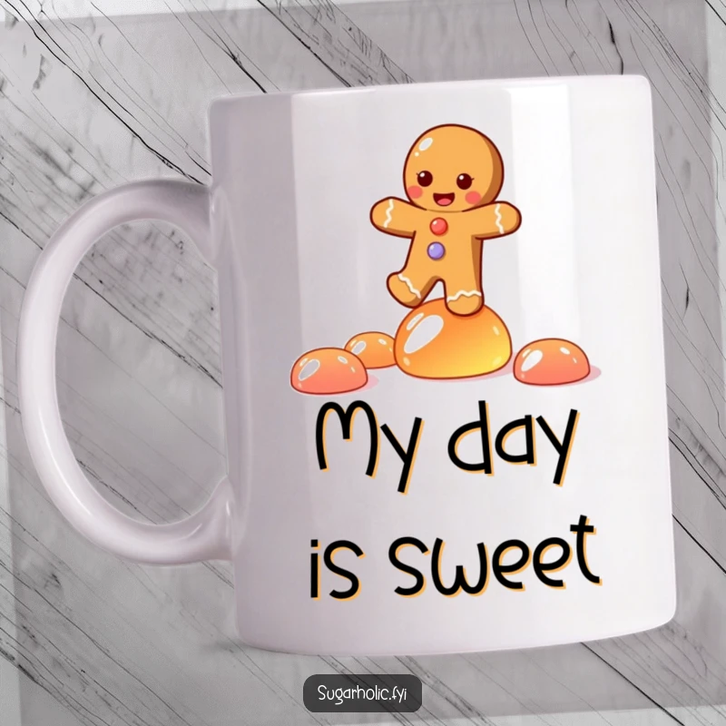 Funny mug showing a joyful gingerbread person character precariously balancing on top of wobbly jelly candies with a smile.
