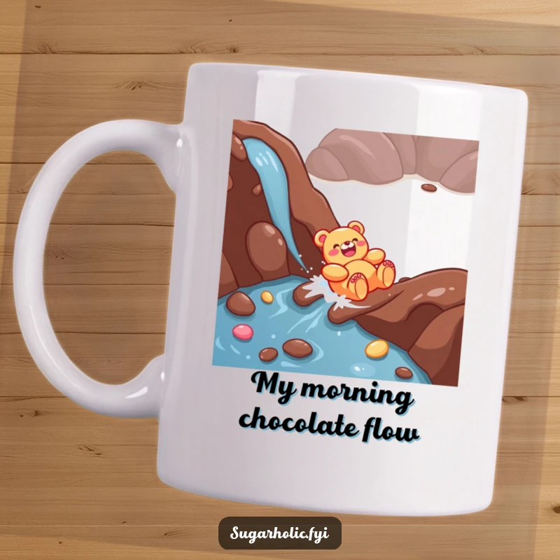 Funny Gummy Bear Mug: A giggling character joyfully slides down a rich chocolate river, embodying pure, sweet happiness.