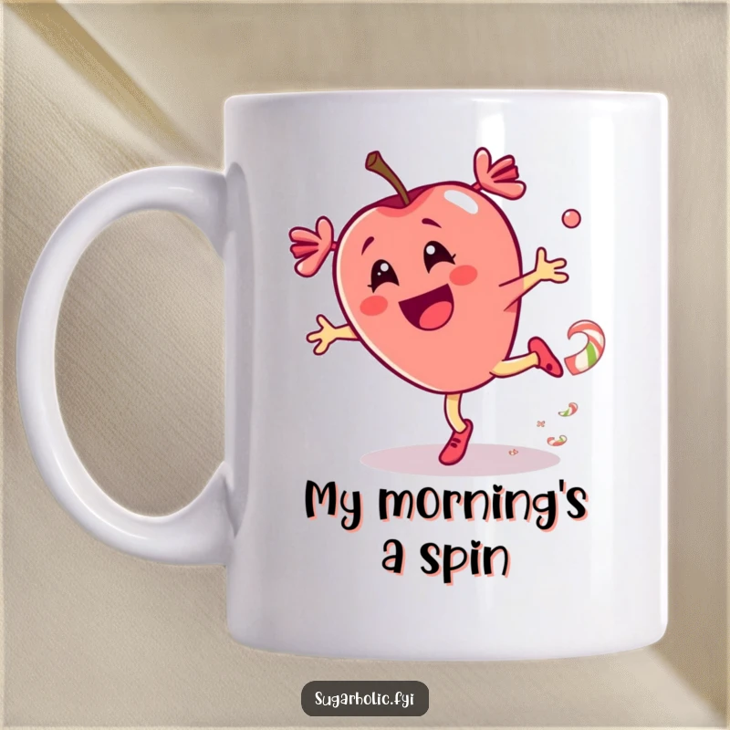 Funny mug displaying a thrilled candy apple character performing a dynamic cartwheel with a colorful candy trail behind it.