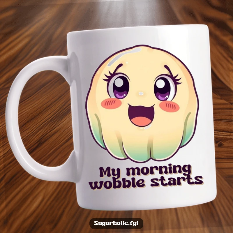 Funny wobbly jelly mug with wide, excited eyes rolling playfully, showcasing a joyful and energetic cartoon character perfect for a gift.