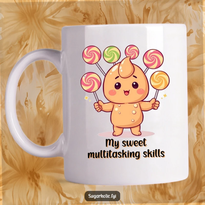 Funny Caramel Candy Mug: Adorable character blushing while expertly juggling colorful gumdrops, embodying joyful chaos and sweetness.