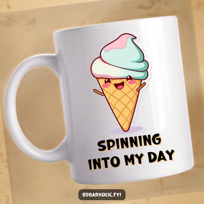Funny mug showing a cheerful ice cream cone character joyfully spinning, radiating pure delight and sweetness.