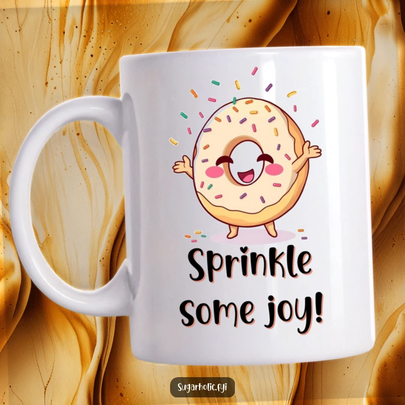 Funny winking donut character juggling falling sprinkles with a wide grin, ceramic mug for fun and humor.