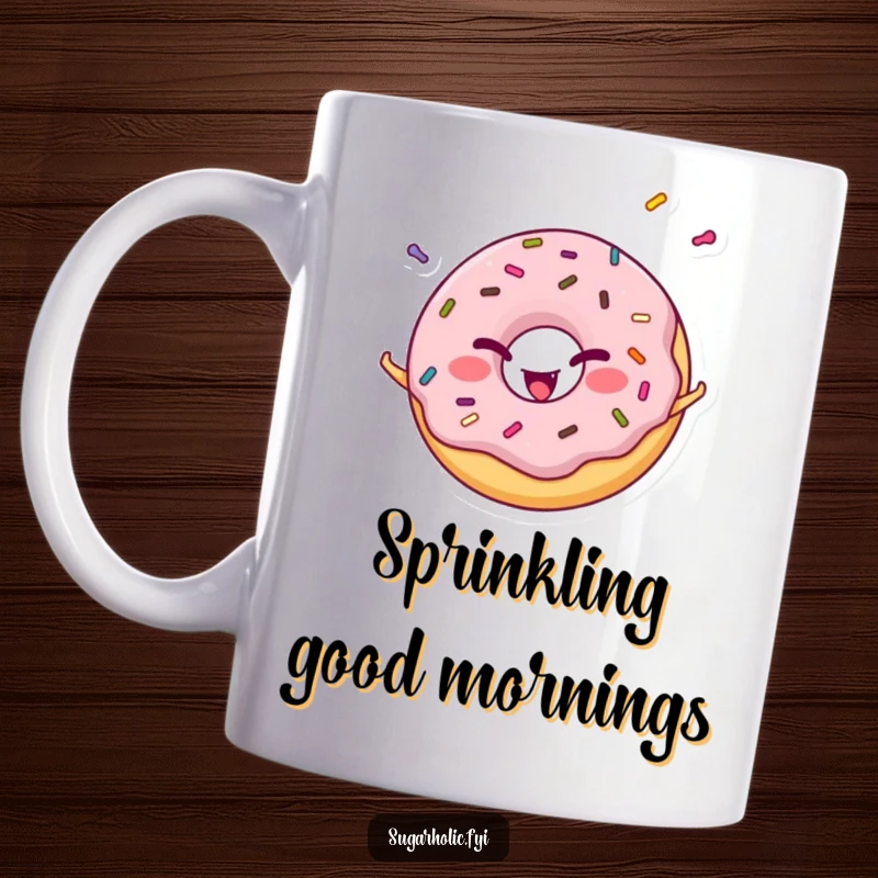 Funny cheerful donut character winking playfully while juggling colorful sprinkles, a sweet and humorous scene on a mug.
