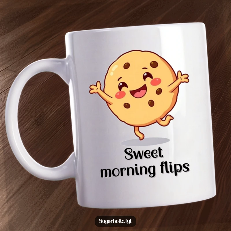 Funny Mug featuring a smiling cookie character performing a joyful cartwheel with an ecstatic expression.