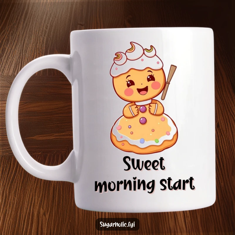 Funny gingerbread person character gleefully frosting a giant sugar cookie with a happy expression, a delightful baking scene on a mug.