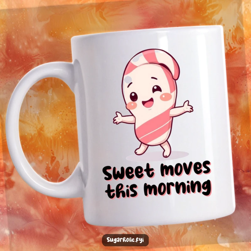 Funny Mug featuring a giggling candy cane character performing a silly, energetic dance with a happy expression.