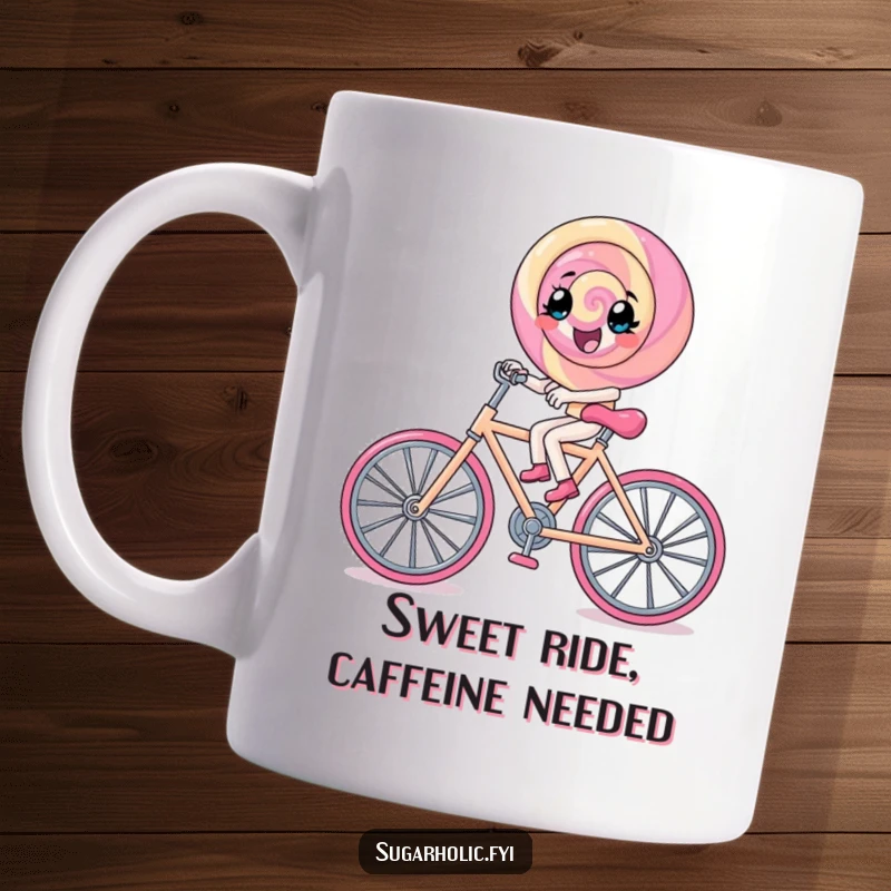 Funny lollipop character excitedly pedals a tiny bicycle constructed entirely from rock candy, showcasing sweet determination.