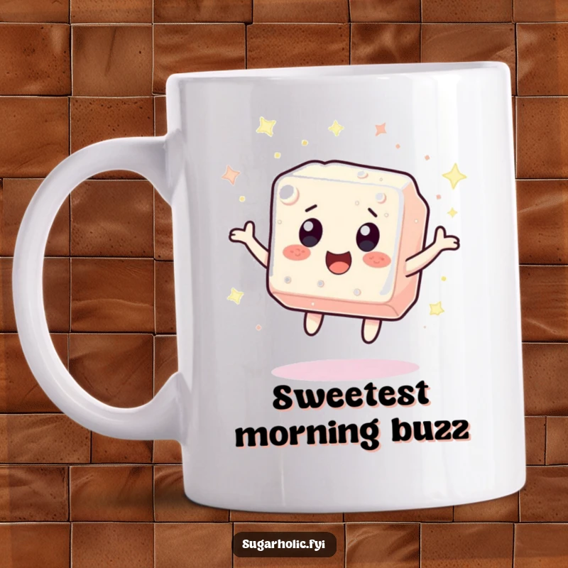 Funny sugar cube character bouncing with excitement, surrounded by sparkles on a delightful coffee mug.