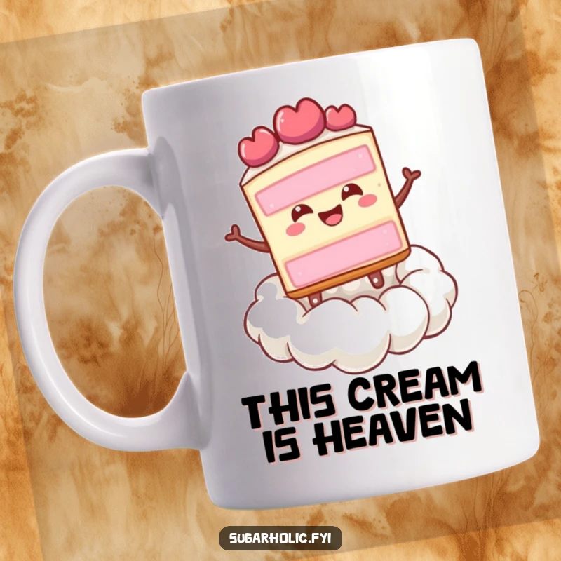 Funny happy slice of cake bouncing joyfully on a fluffy cloud made of whipped cream, a fun mug.