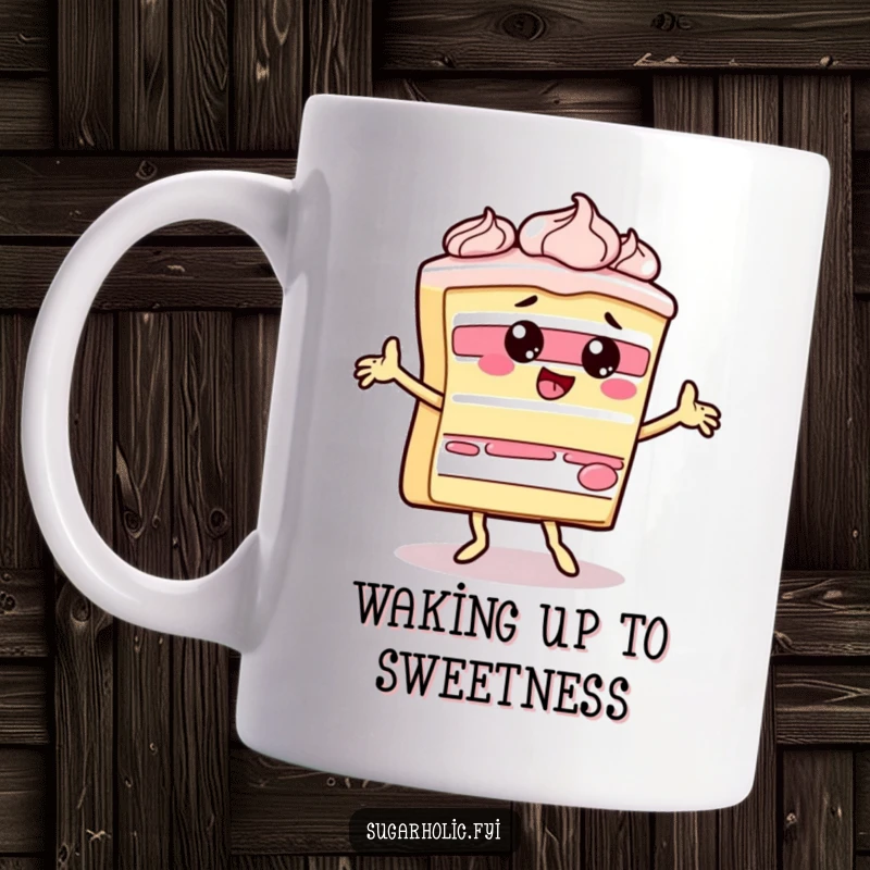 Funny slice of cake character doing a silly dance with frosting flying, printed on a joyful and humorous mug.