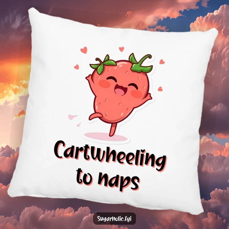 Funny Pillow with a plush strawberry character joyfully performing a cartwheel, radiating giggles and soft comfort.