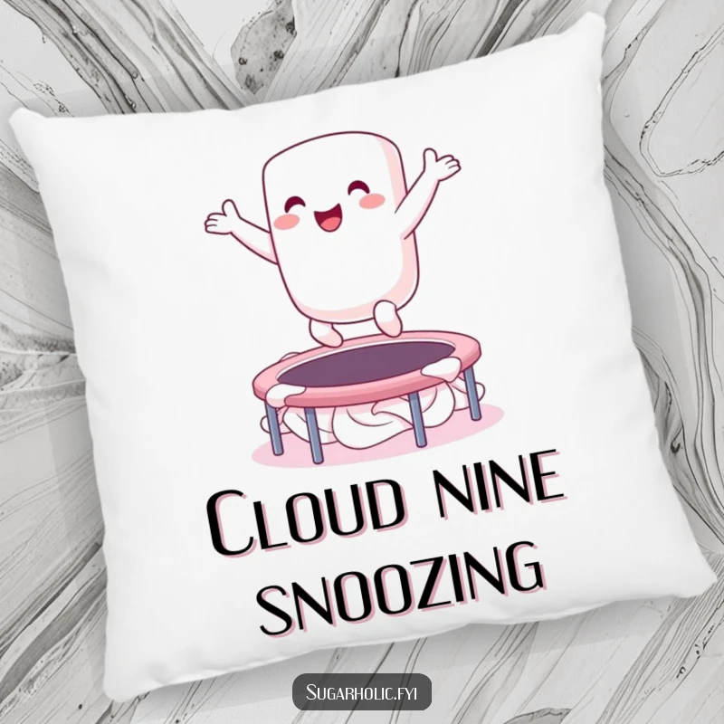 Funny pillow showcasing an ecstatic marshmallow character bouncing on a whipped cream trampoline, adding a soft and humorous touch to any room.