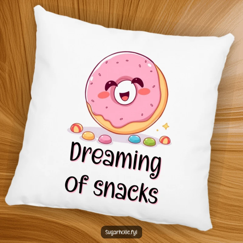 Funny Pillow with a giggling donut catching candy through its hole, offering comfort and humor.