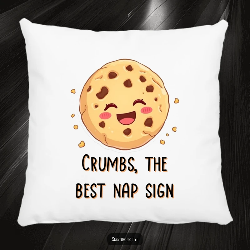 Funny cookie crumble pillow, a soft cushion depicting a cartoon cookie cheerfully crumbling, ideal for comfort and sweet smiles.
