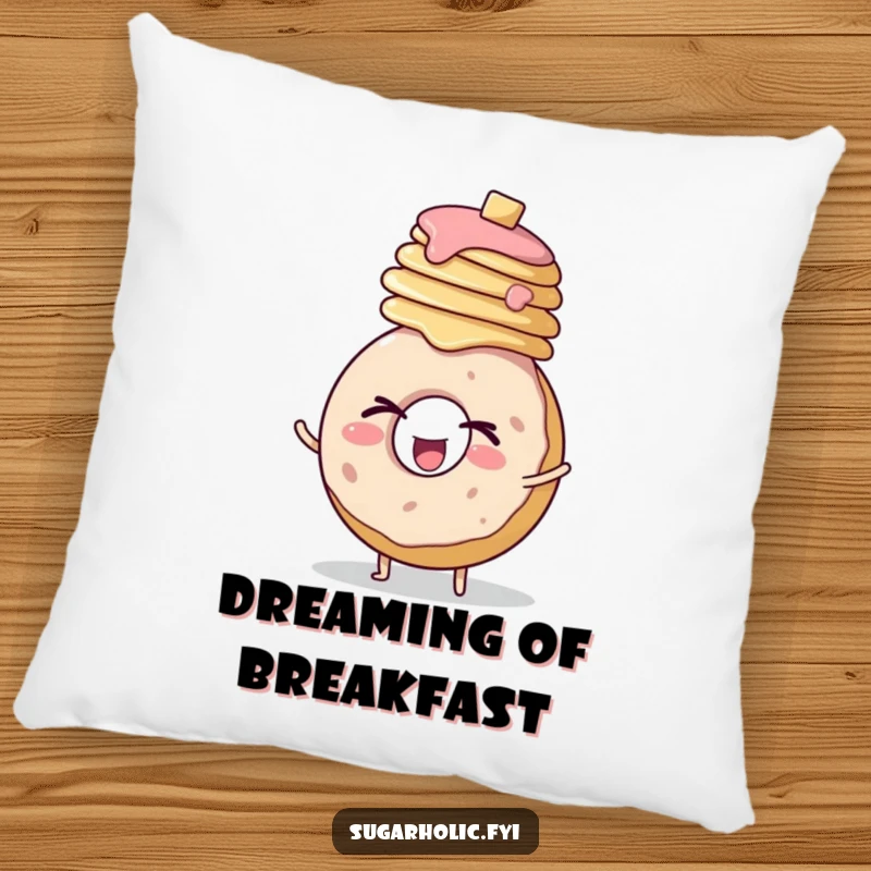 Funny, plush pillow showing a happy donut character winking and balancing a stack of pancakes on its head.
