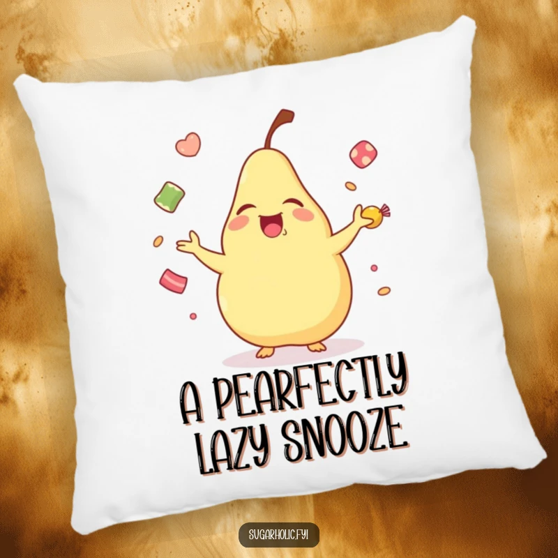 Funny laughing pear pillow, a soft cushion featuring a cartoon pear gleefully juggling candies, perfect for comfort and smiles.