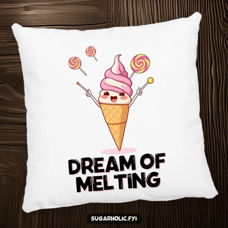 Funny giggling ice cream cone juggling three flying lollipops with its cone, a soft and humorous decorative pillow.