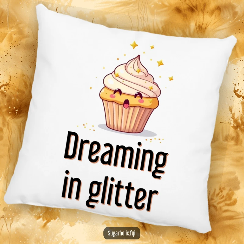 Funny Pillow with a surprised cupcake being showered by tiny edible glitter stars, offering comfort and charm.