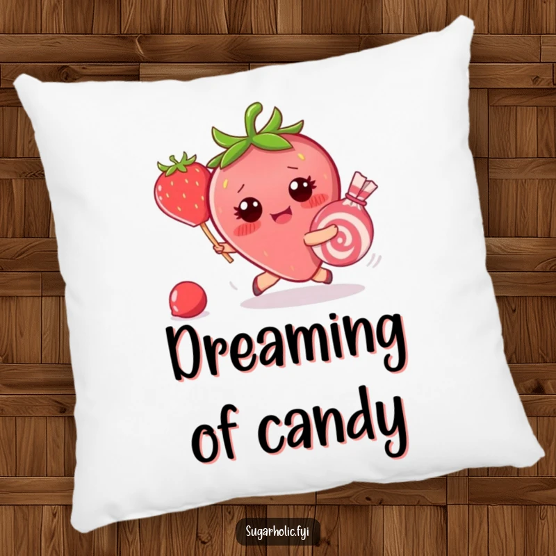 Funny pillow showing a blushing strawberry character chasing a runaway candy, bringing a humorous and charming element to your decor.