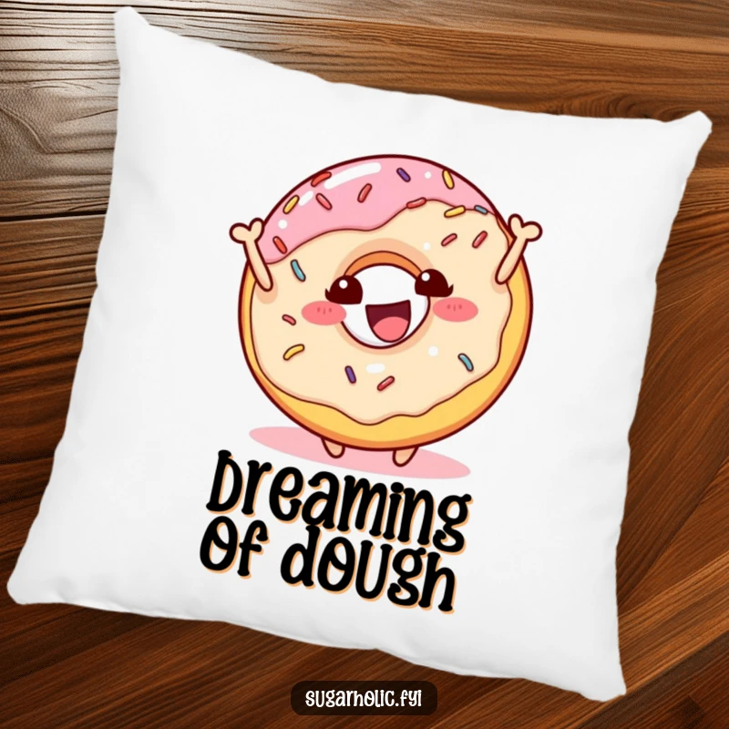 Funny donut character with sprinkles bouncing happily on a soft decorative pillow, creating a cozy and humorous accent for a funny gift.