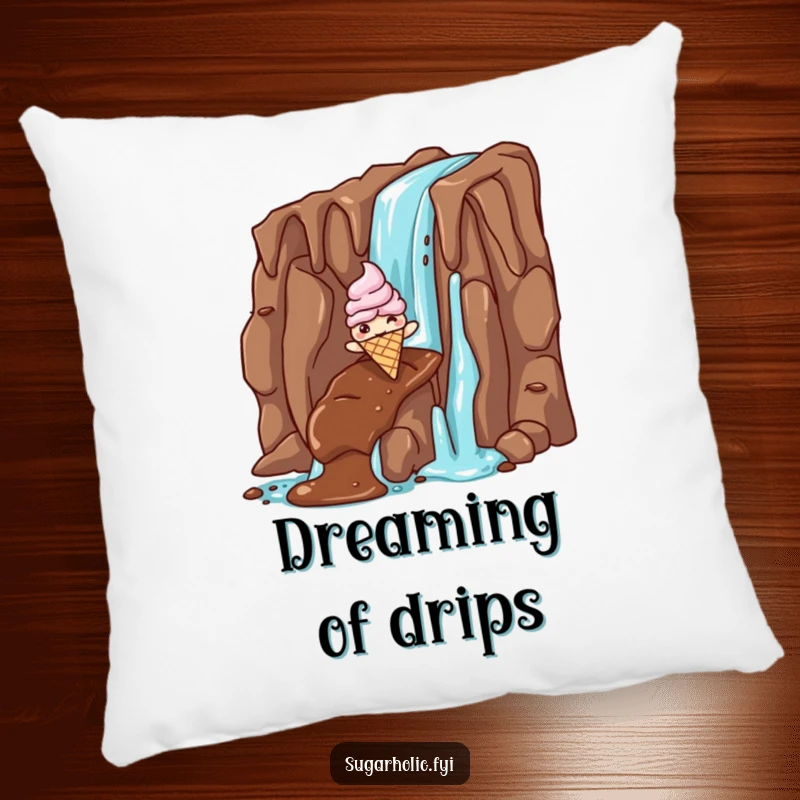 Funny ice cream cone pillow featuring a giddy character sliding down a chocolate waterfall, comfy and hilarious accent for sofas and sweet-themed rooms.